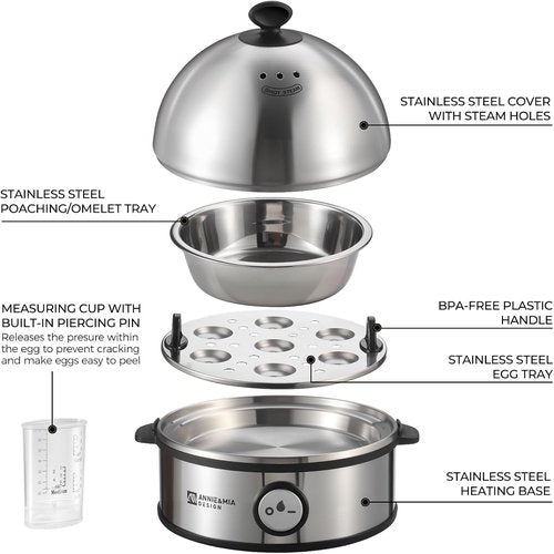 Annie & Mia Design Electric Egg Cooker - Stainless Steel 7-Egg Capacity | Multi-Function Auto Shut-Off