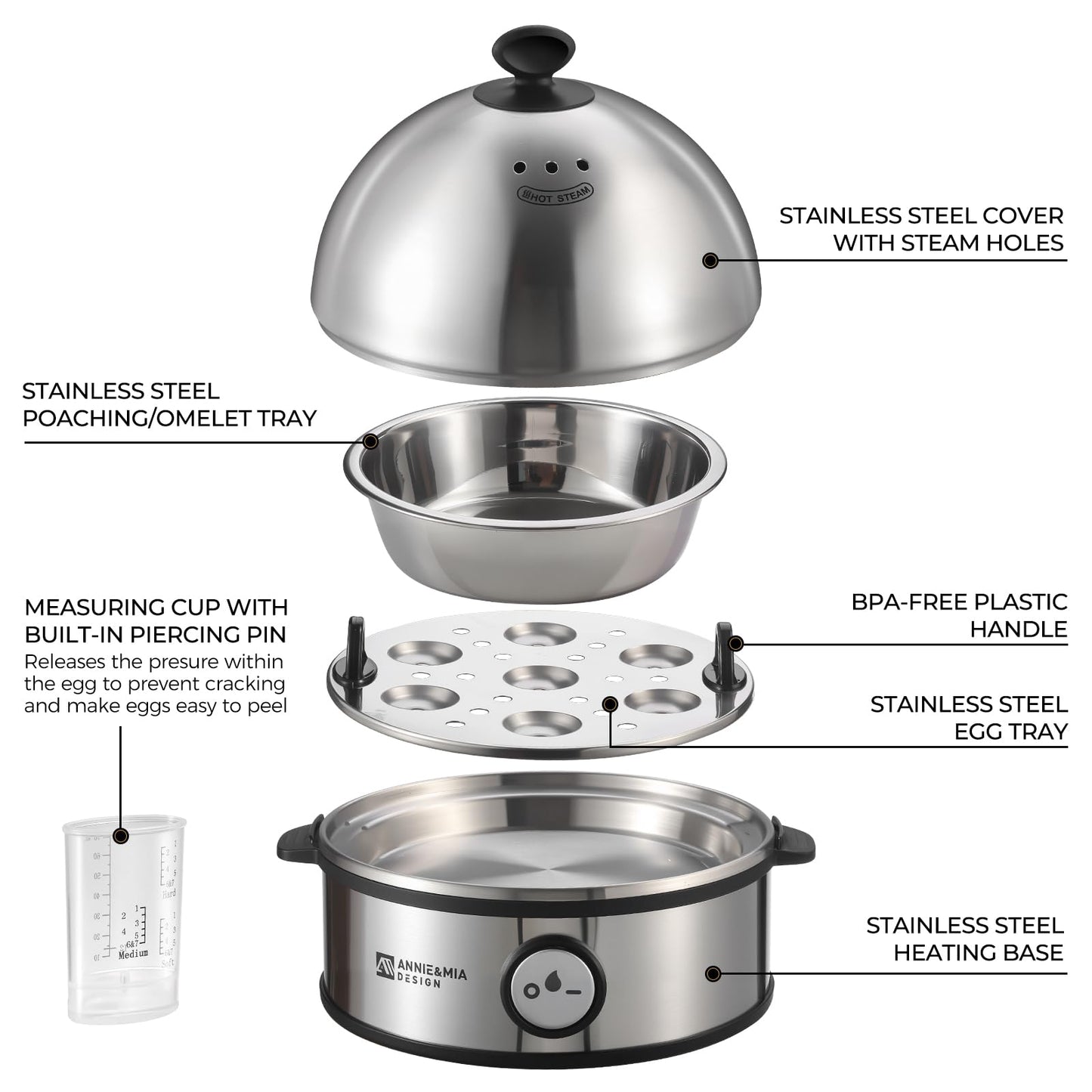 Annie & Mia Design Electric Egg Cooker, All Stainless Steel 7 Egg Capacity egg boiler, 360W, Hard, Medium, Soft Boiled Egg Poacher, egg steamer, Multi-function, Auto Shut-Off Function, BPA-free
