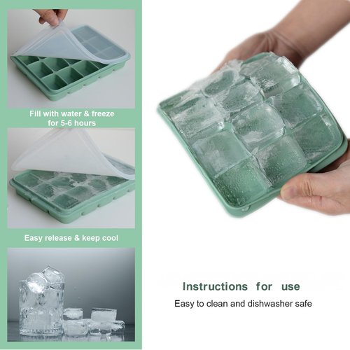Ice Cube Trays Set of 3, Easy Release 15 Flexible Silicone Ice Cube Molds with Removable Lid Reusable Freezer Ice Trays Stackable for Whiskey, Baby Food, Green