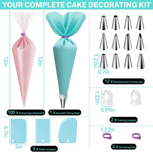 HOTEC Piping Bags and Tips Set, 120 Pcs Cake Decorating Kit with 100pcs 12 Inch Disposable Pastry Bags, 1 Reusable Piping Bags, 12 Piping Tips, 3 Cake Scraper, 2 Couplers, 2 Bag Ties, Baking Supplies