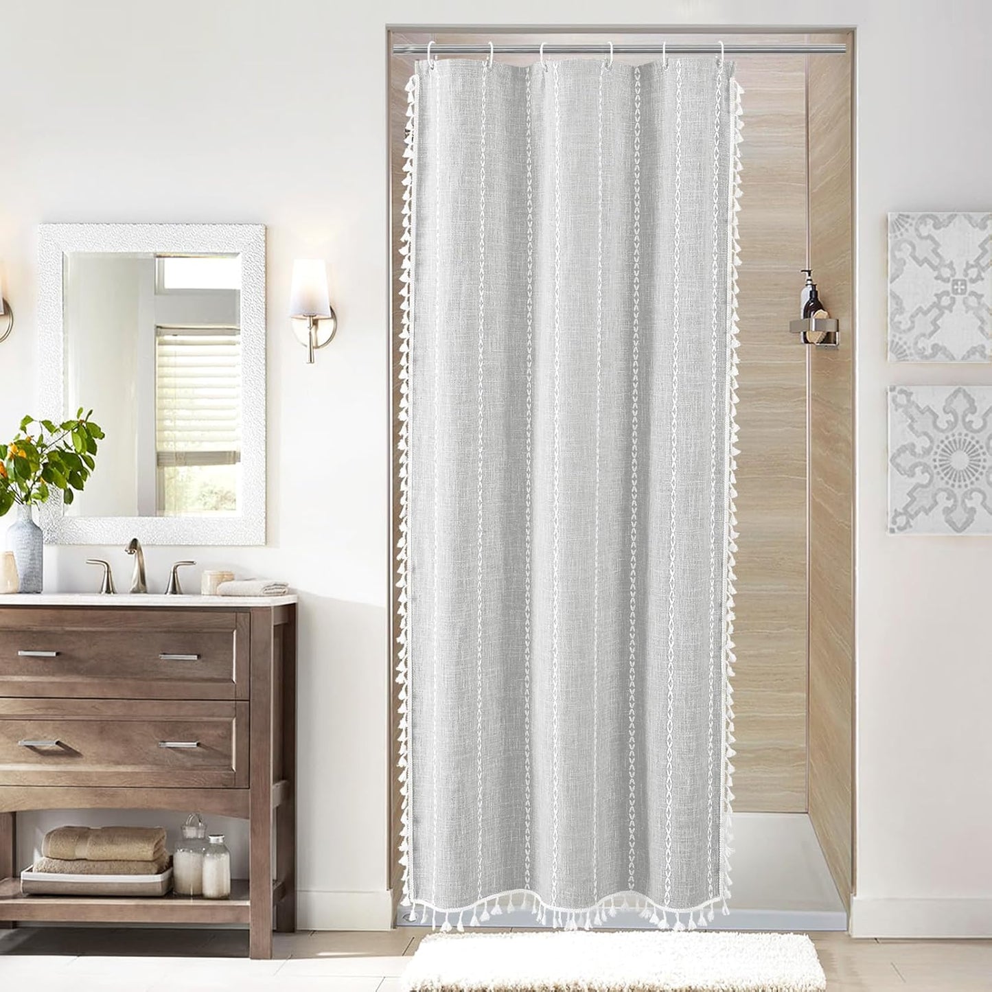 MitoVilla Grey Boho Farmhouse Shower Curtain Set - 36 x 72 Inch, Narrow Polyester Linen for Bathroom Decor