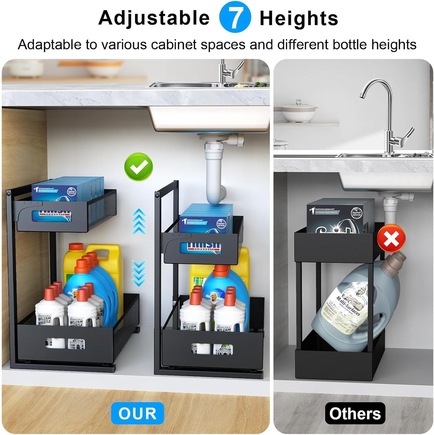 Petiza Under Sink Organizer - Adjustable Height 2-Tier Cabinet Storage with Sliding Drawers | Kitchen & Bathroom