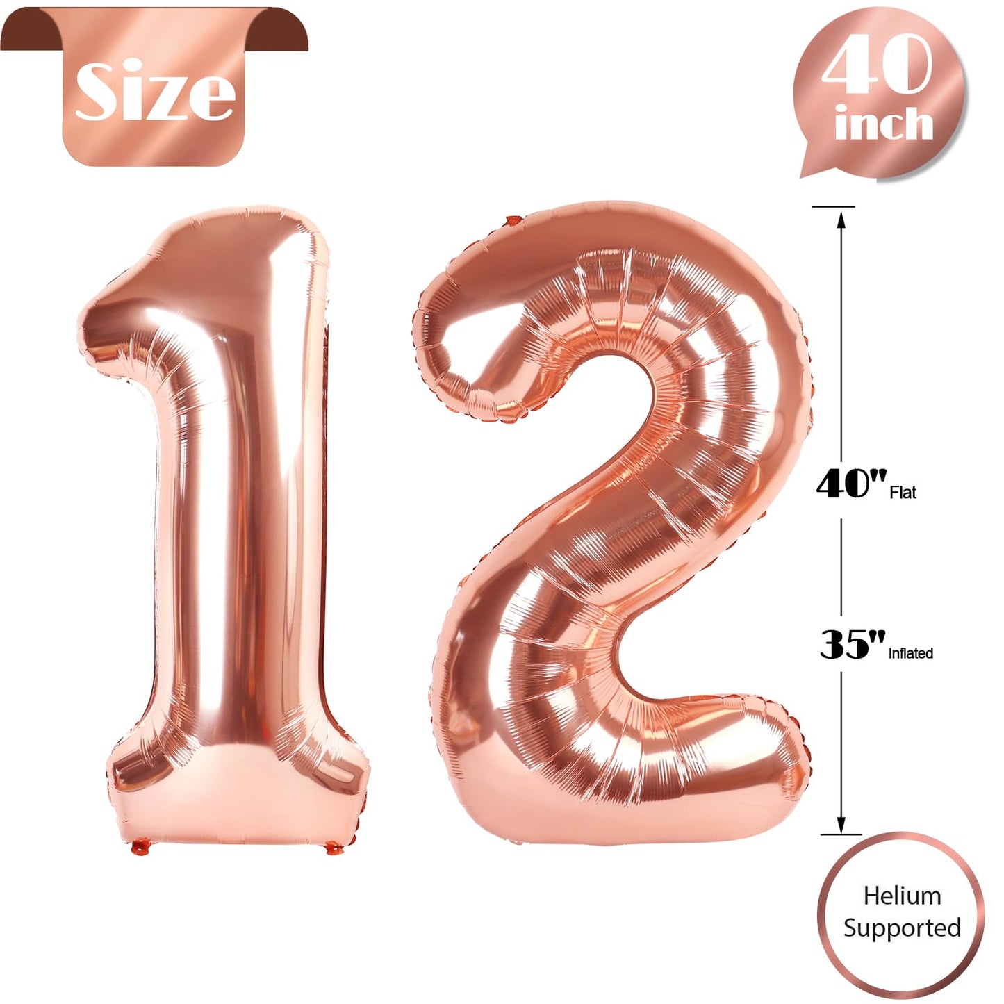Rose Gold Number 12 Balloon 40 inch, 12 Number Balloons, 12th Birthday Decorations for Girls Boys, 12 Year Old Rose Gold Party Supplies