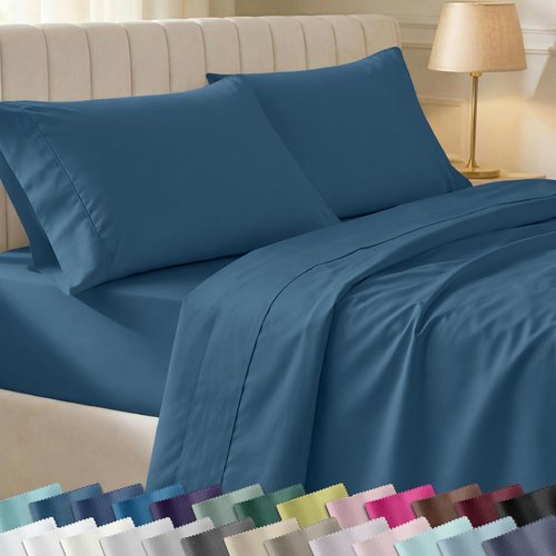 California Design Den Split King Bed Sheet Set - 100% Cotton, 400 TC, Silky Sateen Weave, Deep Pockets - Peacock Blue