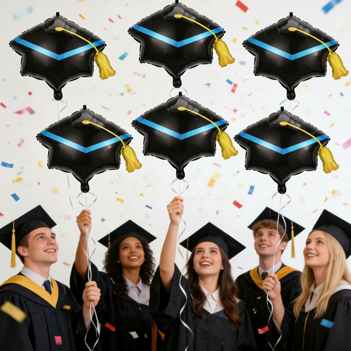 6Pcs Graduation Balloons - 22 Inch Black Graduation Cap Balloons - Grad Hat Balloon for Graduations Decorations Class of 2026 - Grad Party Decorations 2026