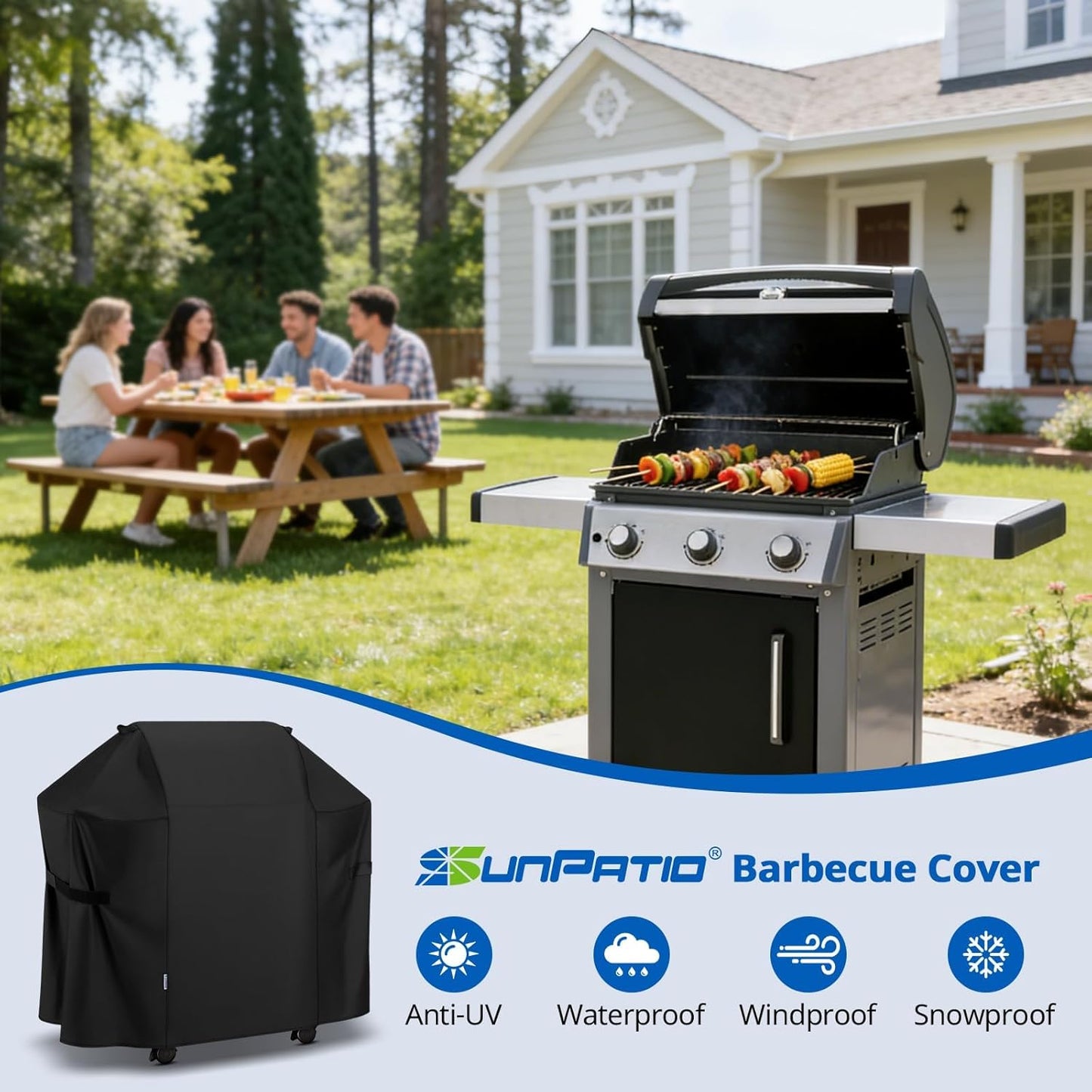 SunPatio BBQ Grill Cover - 52 Inch Waterproof & Durable Gas Barbecue Cover for Weber Spirit | Charbroil & Kenmore Grills