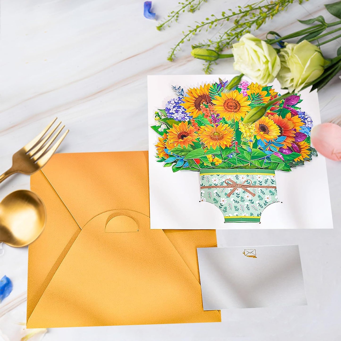 ROBBEAR Sunflower Bouquet Pop Up Card, 3D Flower Greeting Card with Envelopes for Any Occasion, Birthday, Mother's Day, Anniversary, Valentines Day, Handmade Gifts, Foldable Flower Cards for Friends