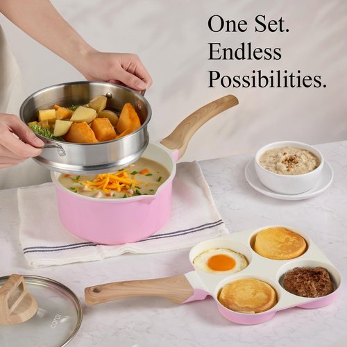 CAROTE 21 PCS Ceramic Cookware Set, Pots and Pans Set Non Stick, Pot and Pan Set with Frying pan, Induction Ready Cooking Set for Kitchen, PFOS/PFOA/PFAS Free, Pink