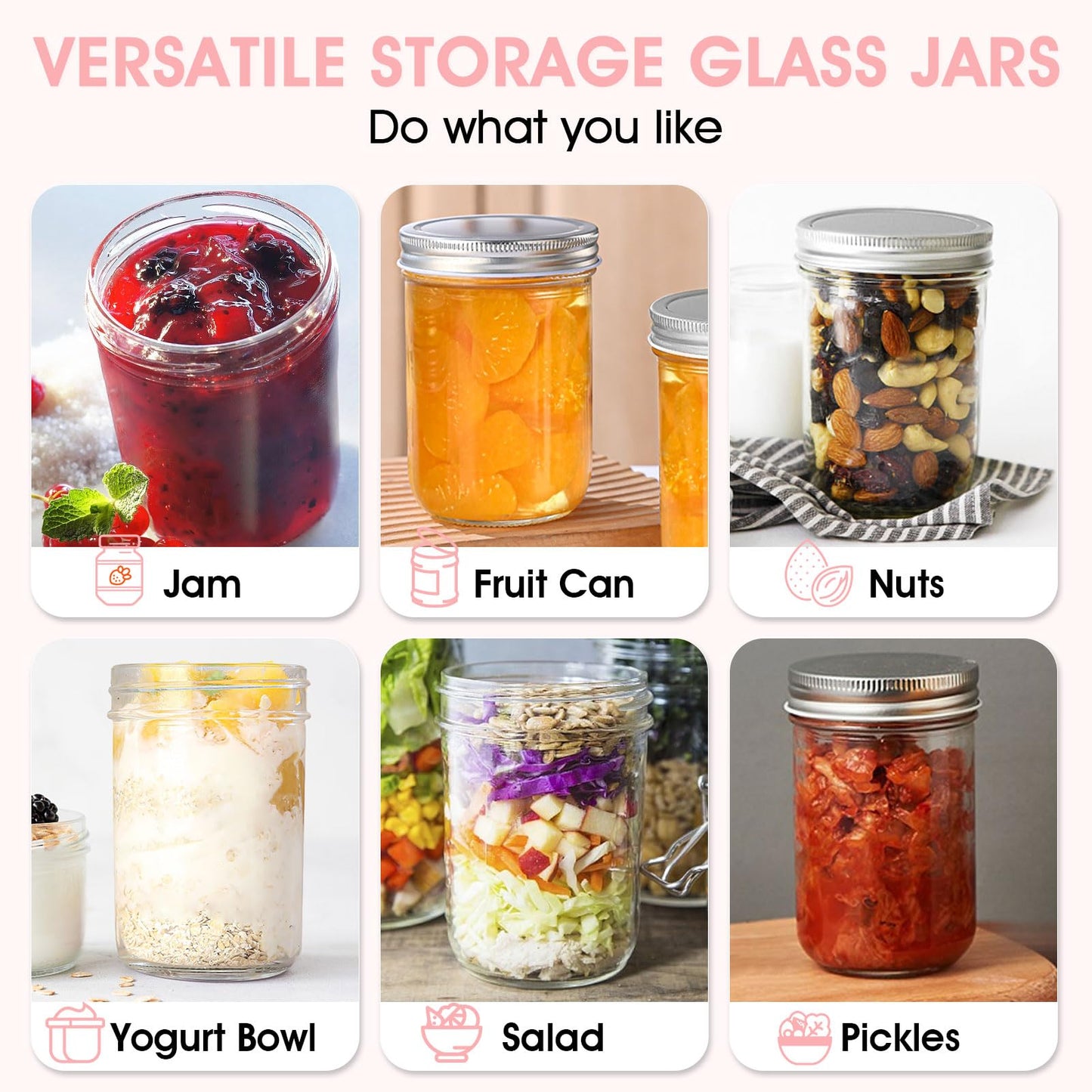 Showvigor 2 Pack Wide Mouth Mason Jars 16oz - Airtight Glass Canning Jars for Food Storage, Meal Prep, Overnight Oats, Pickling, Salad & Wedding Favors (Leak-Proof Lids)