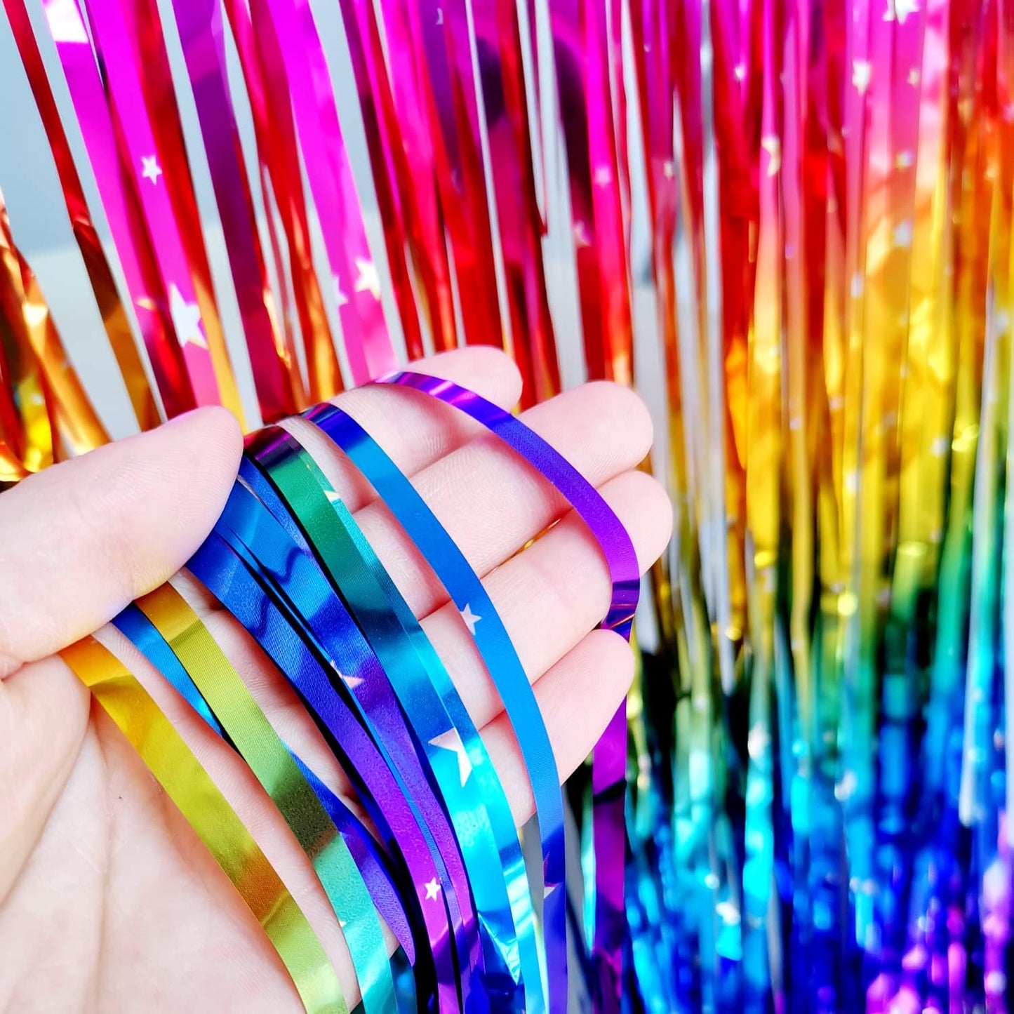 Rainbow Tinsel Foil Fringe Curtains - 2 Pack Metallic Streamers for Party Decor | 3.3x6.6ft Backdrop