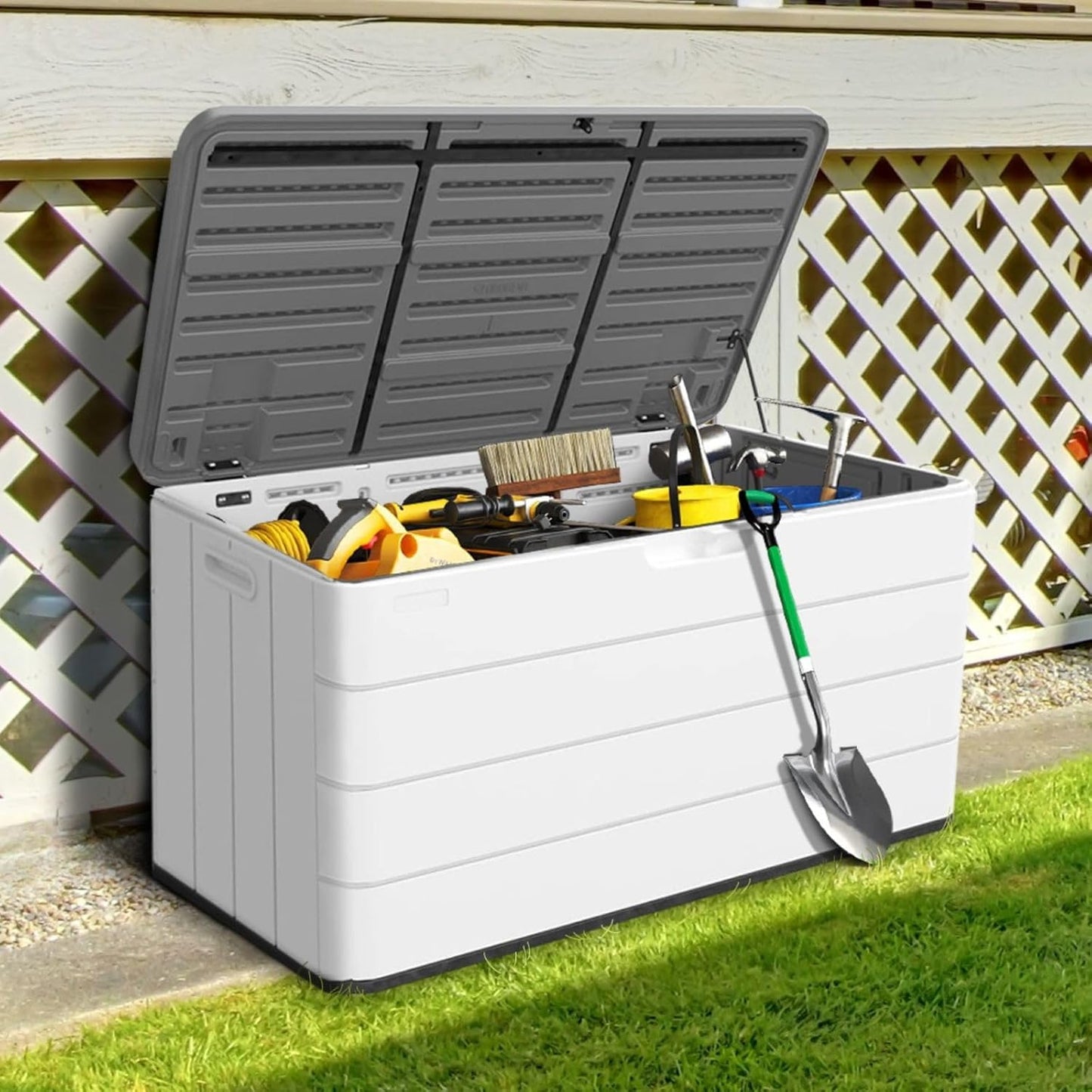 ZZM 110 Gallon Lockable Resin Deck Box - Waterproof Outdoor Storage for Cushions & Tools | White