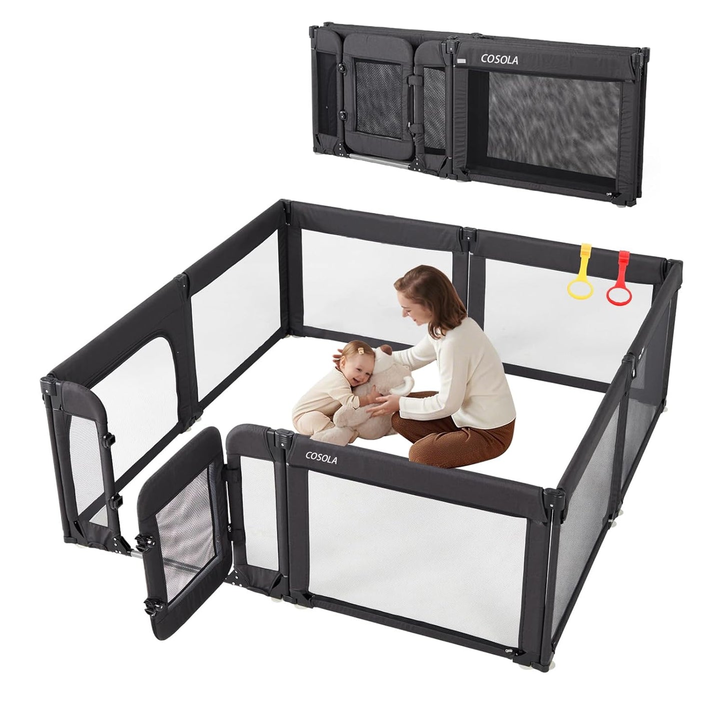 Large Baby Playpen - Adjustable 79x71 Inch Foldable Indoor & Outdoor Safety Fence | Black Mesh Design