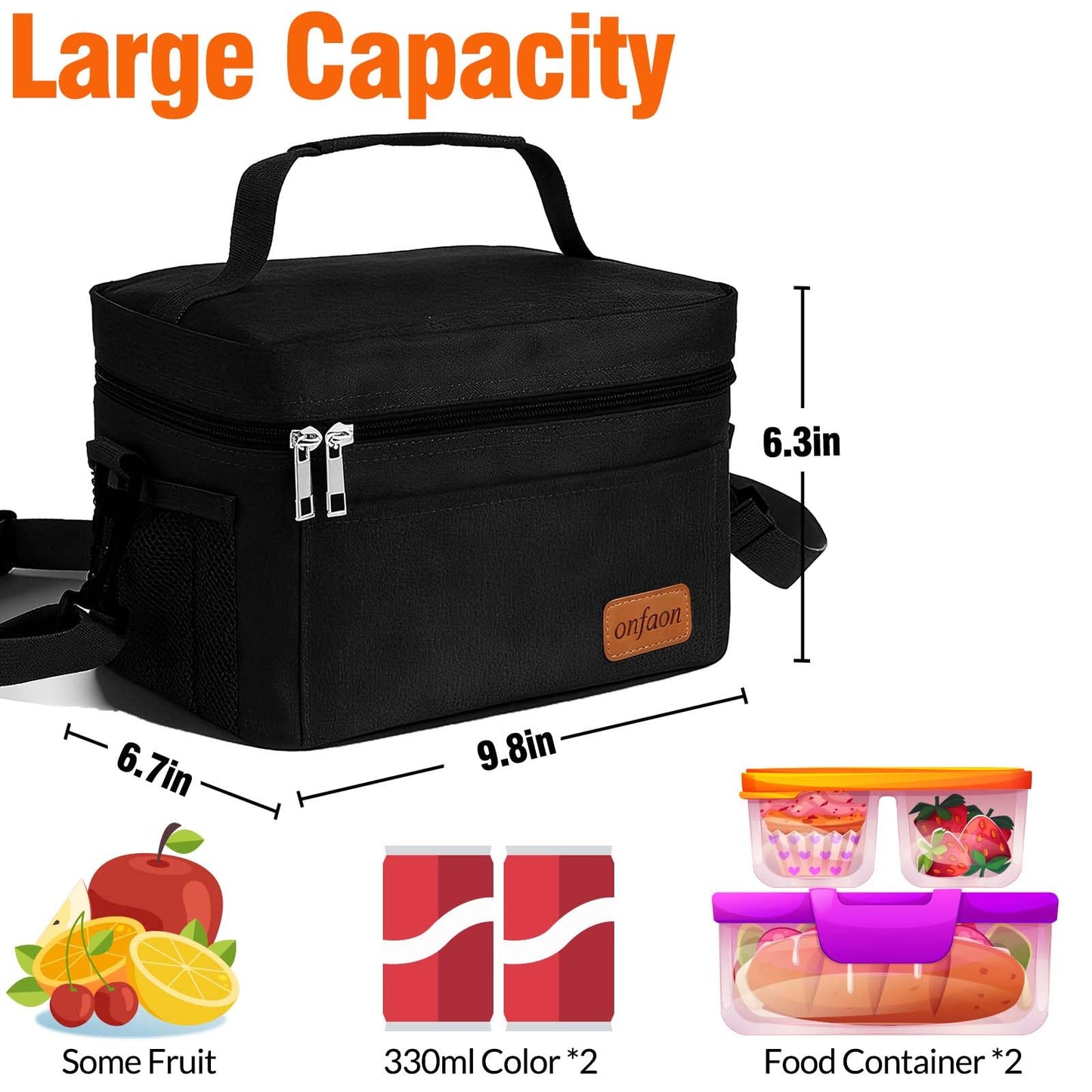 ONFAON Lunch Bag for Men/Women, Insulated Reusable Lunch Box Leakproof Cooler Tote Bag Freezable with Adjustable Shoulder Strap for Office Work Picnic Beach(Black)