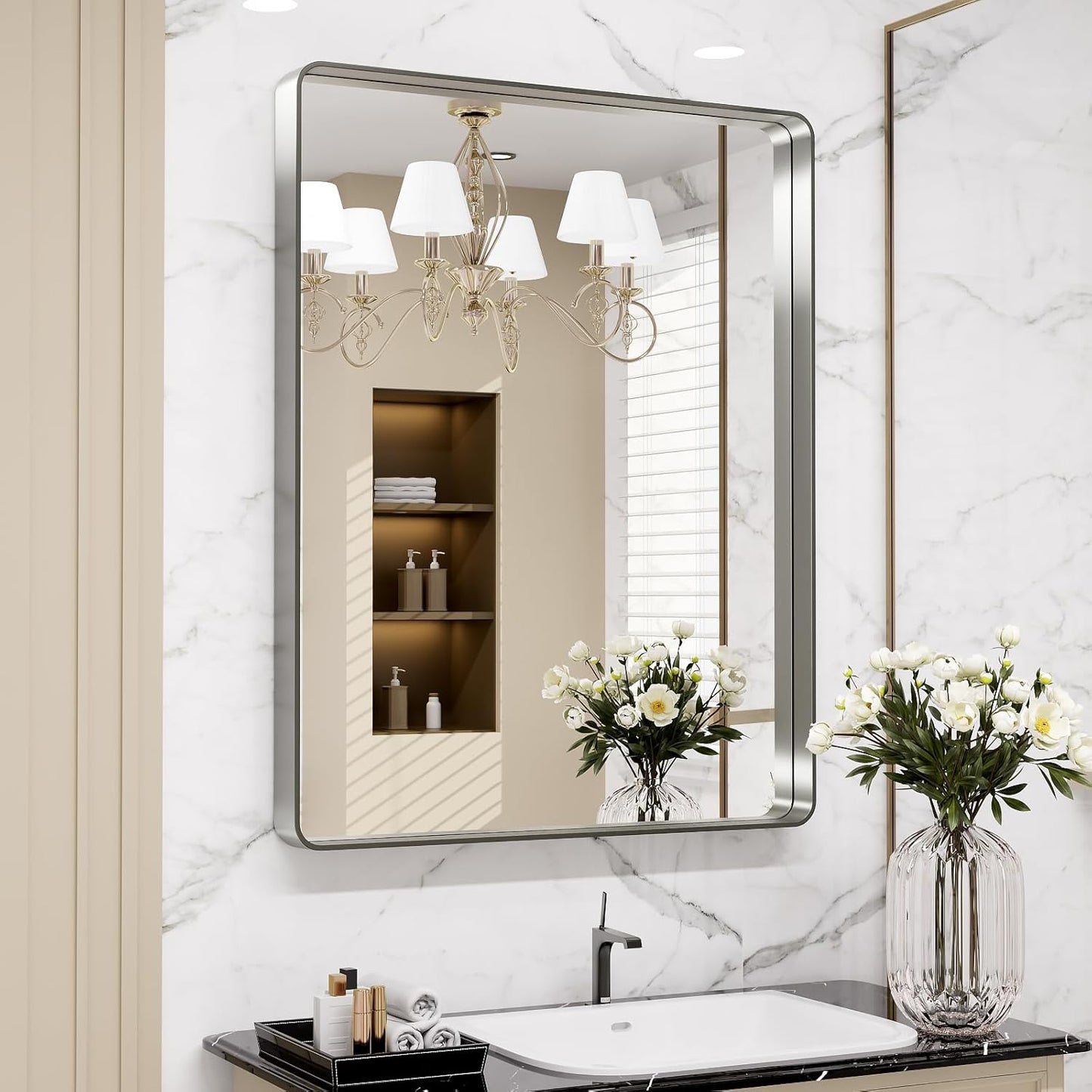 LOAAO Brushed Nickel Bathroom Mirror - 28X36 Inch Rounded Rectangle Design, Anti-Rust & Shatterproof