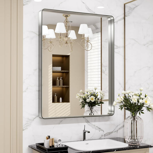 LOAAO Brushed Nickel Bathroom Mirror - 28X36 Inch Rounded Rectangle Design, Anti-Rust & Shatterproof