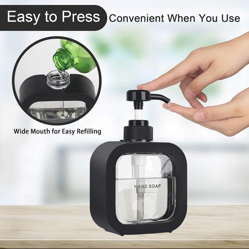 Hand & Dish Soap Dispenser - Modern Black Plastic Pump with Labels for Easy Use