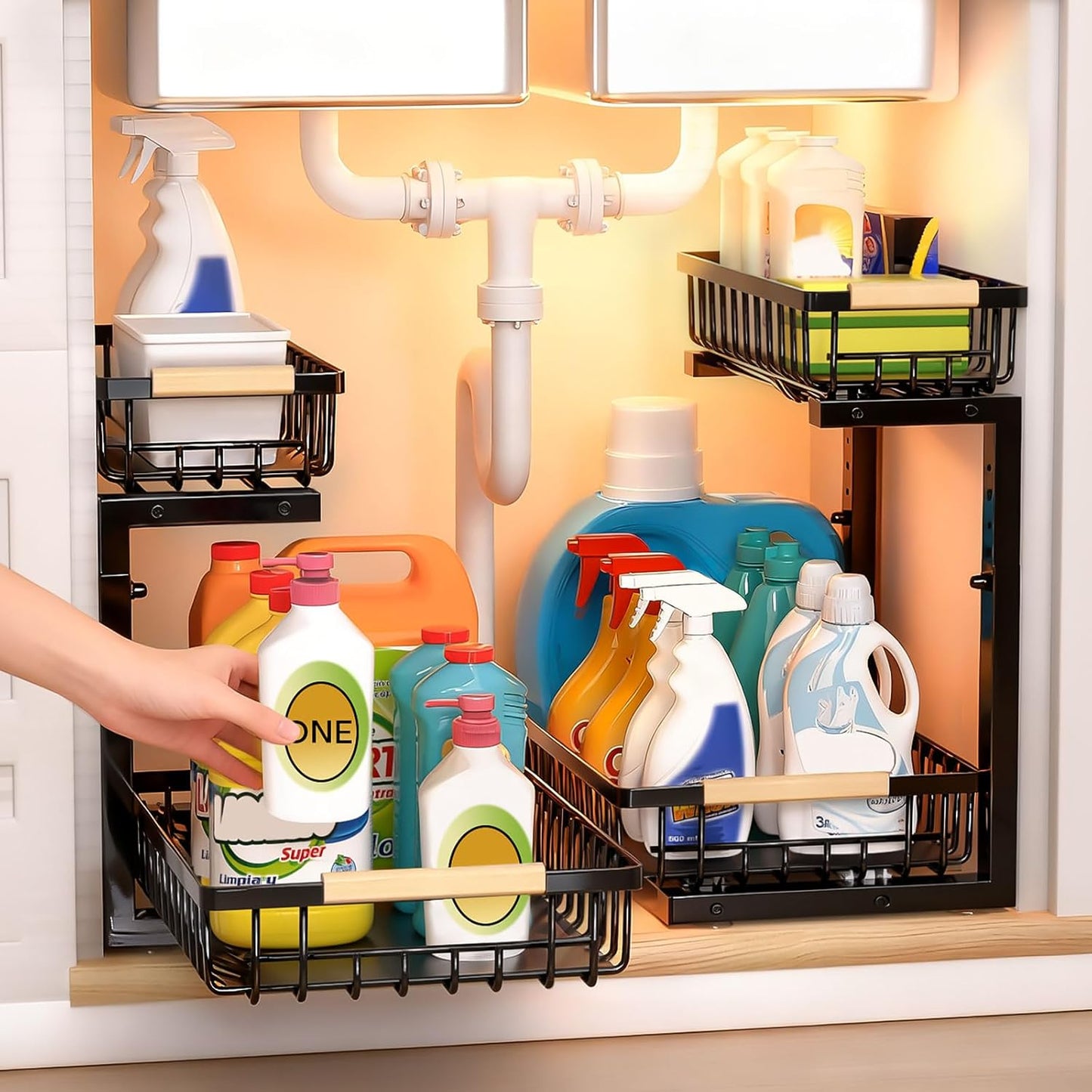 Under Sink Organizer | Heavy-Duty Carbon Steel, Rust-Resistant, 2-Tier Pull-Out Storage, Adjustable Height (13.8" - 16.9"), Black (2PCS)