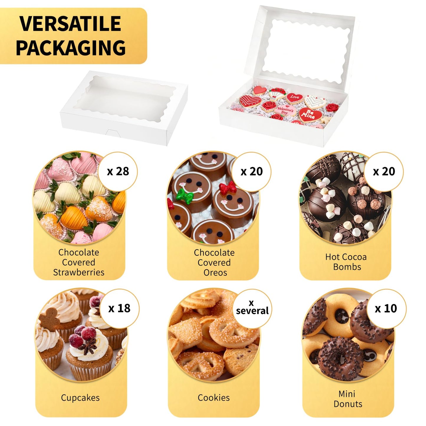 Ocmoiy 20 Pack Cookie Boxes, 14x10x2.5 Inch Large Bakery Boxes with Window, Auto-Popup Treat Box for Chocolate Covered Strawberries, Pies, Donuts, Muffins, Breakable Heart