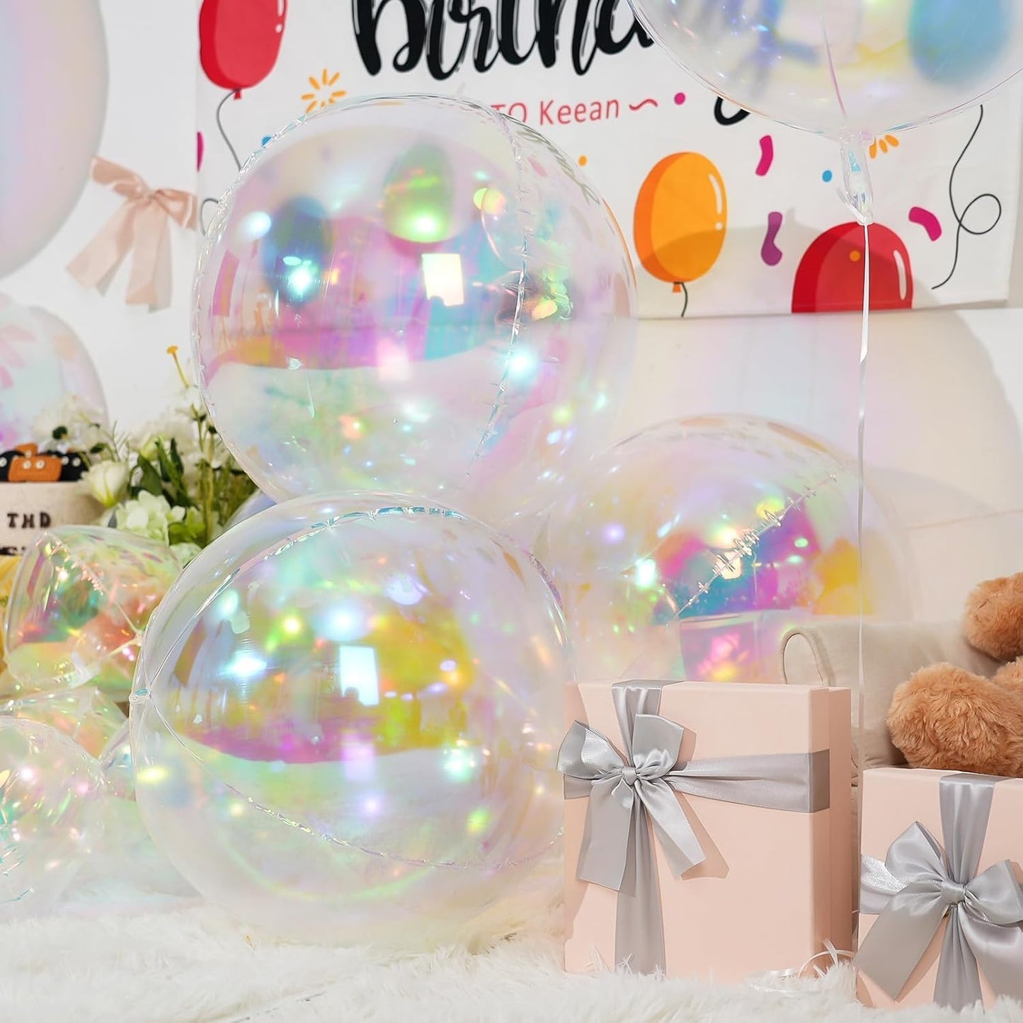 Skiennix Iridescent Round Foil Balloons - 12 Pcs Holographic 4D Clear Balloons for Birthday & Mermaid Parties