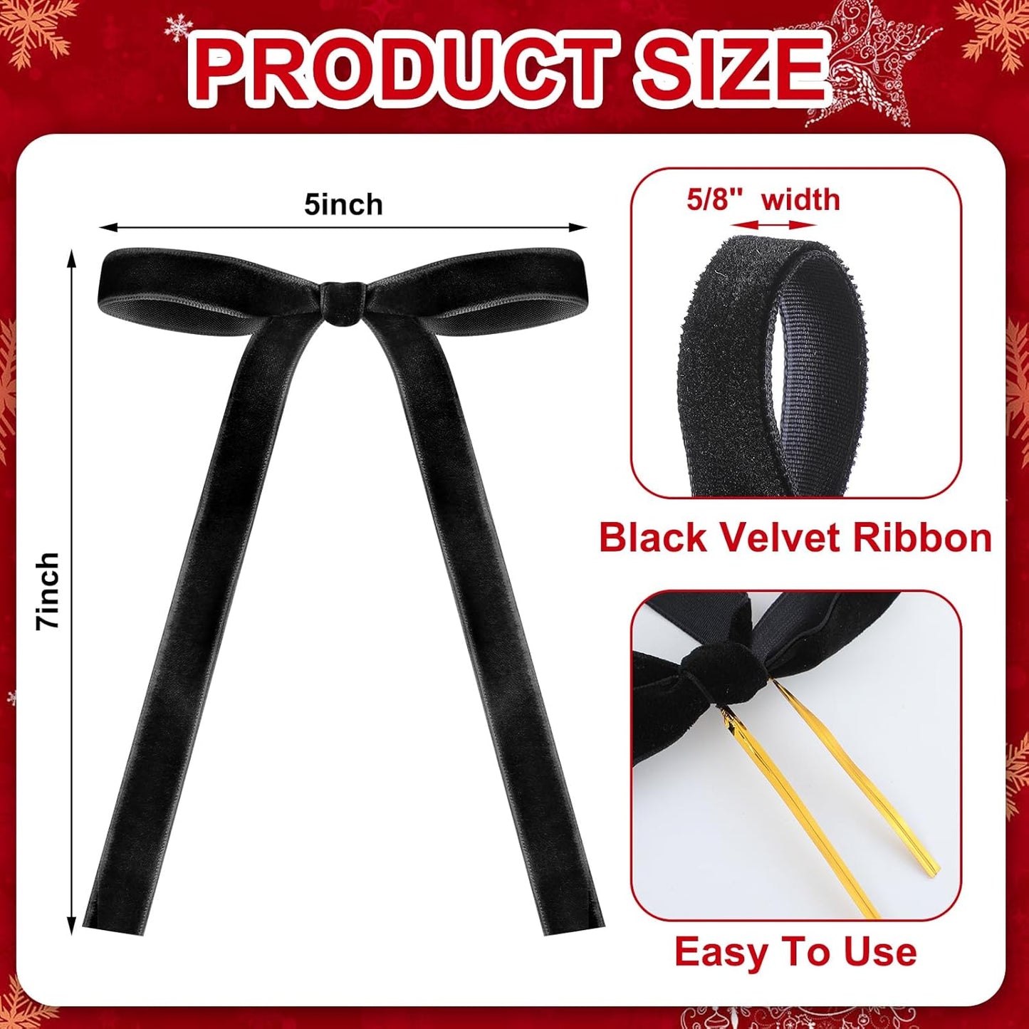 Skiennix 24 Pcs Velvet Bows - Vintage Ribbon Bows for Christmas Tree & Crafts | 5 x 7 Inch, Black