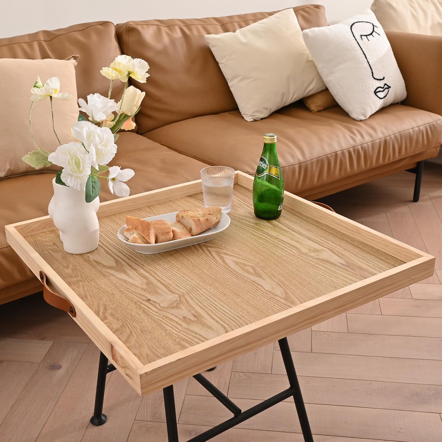 SwallowLiving 24 x 24 Inches Extra Large Square Wood Ottoman Tray with Leather Handles, Wooden Natural