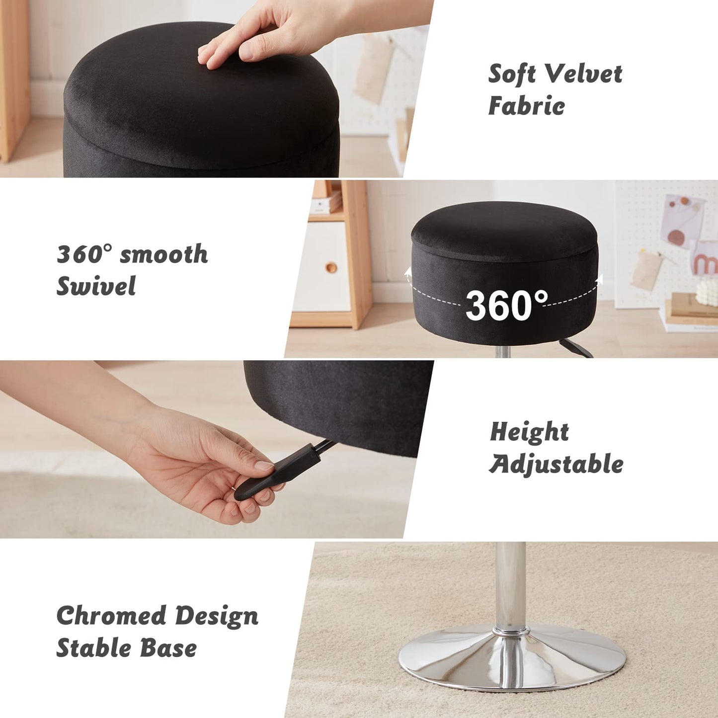 RUCUKEN Adjustable Ottoman Stool Black Vanity Stool Vanity Chair for Makeup Room Stool Chair for Vanity Stool with Storage Makeup Stools with Storage Swivel Makeup Chair for Bathroom Velvet