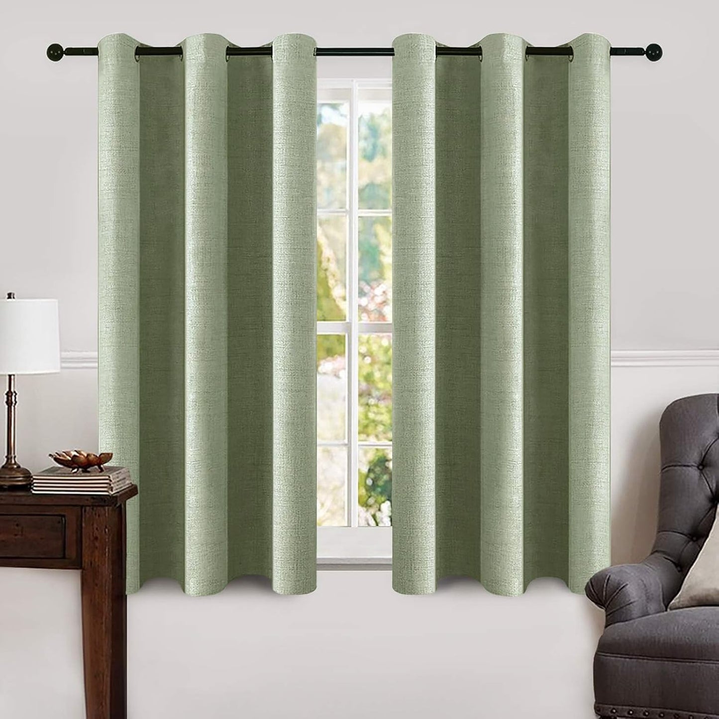 MIULEE Linen Blackout Curtains - 100% Room Darkening Thermal Insulated Grommet Panels | Sage Green, 42" x 63" (2 PCs)