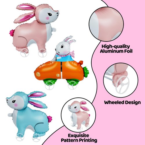 3Pcs Easter Walking Bunny Balloons With Wheels for Kids, Pull Along Walking Bunny Foil Balloons for Easter Birthday Party Favors, Self-Standing Walking Balloon Animals Decorations Gift Supplies