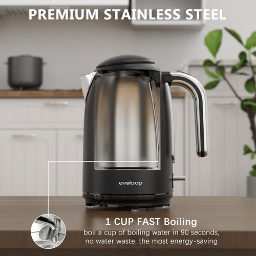 Evoloop Electric Kettle - 1.7L Stainless Steel Tea Kettle with Auto Shut-Off & Boil-Dry Protection | Black
