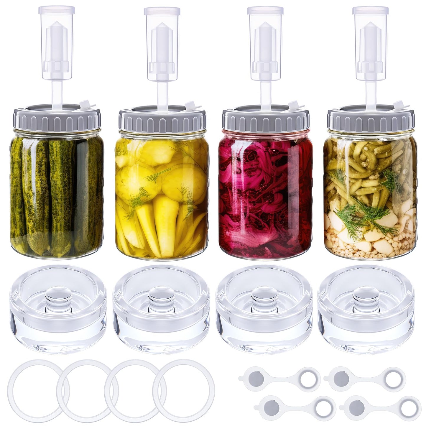 Singhoow 4 Pack Mason Jar Fermentation Kit Fermenting Lids with Airlocks and Glass Weights Wide Mouth Mason Jars Fermentation Supplies for Sauerkraut Pickles Kimchi (Jars Not Included)