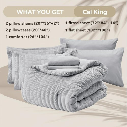 HYMOKEGE California King Comforter Set - 7-Piece Light Grey Seersucker Luxury Bedding Set