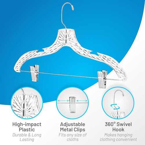 HARDW Clothes Hangers - Heavy Duty Plastic Set of 12 with Clips for Closet Organization | Clear Design