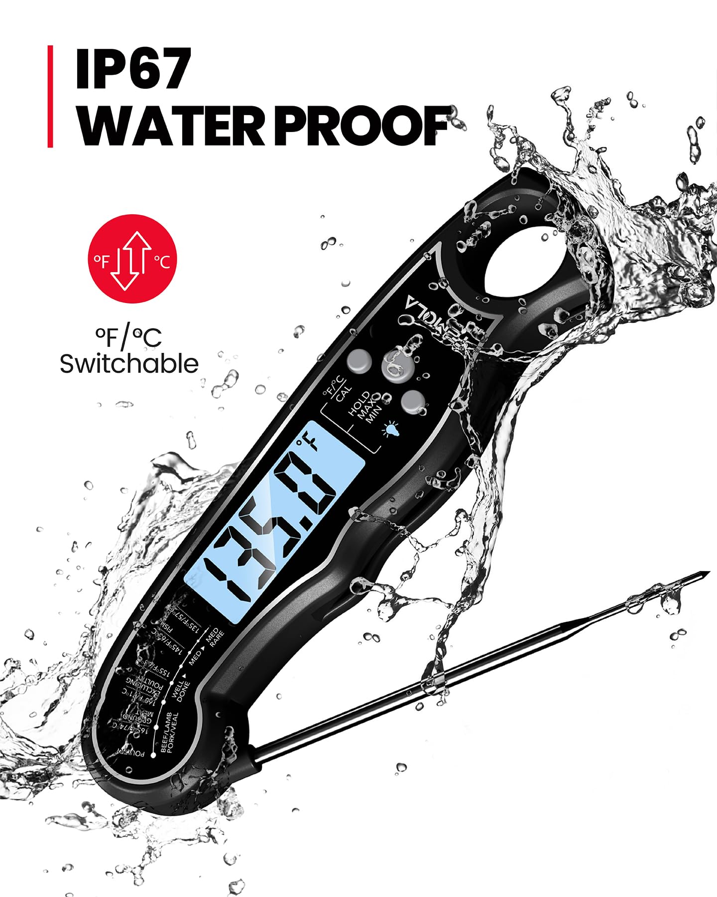 TEMOLA Meat Thermometer, Instant Read Food Thermometer with LCD Backlight Calibration, Waterproof Ultra Fast Digital Cooking Thermometer for Candy Deep Fry Liquids Beef Kitchen Baking Smoker Grill BBQ