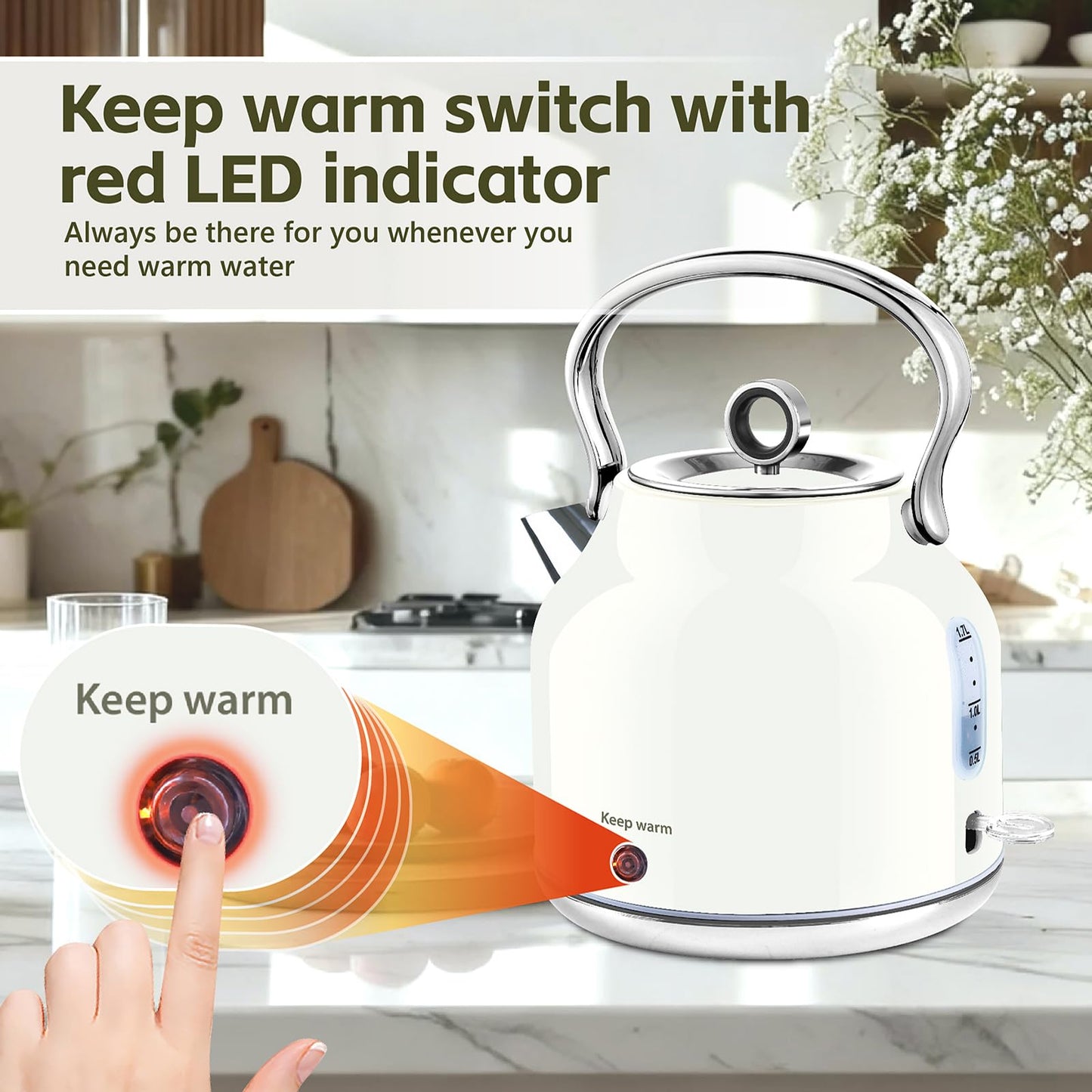 Seydere Electric Kettle – 1.7L Stainless Steel Kettle with Keep Warm Function, 1500W Fast Boil Kettle with LED Indicator, Auto Shut-off & Boil-Dry Protection Cordless Design, Rotational Base (White)