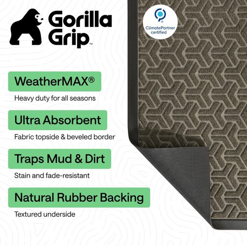 GORILLA GRIP Waterproof All-Season WeatherMAX Doormat - Natural Rubber, Stain & Fade Resistant, 29x17, Slate Geometric
