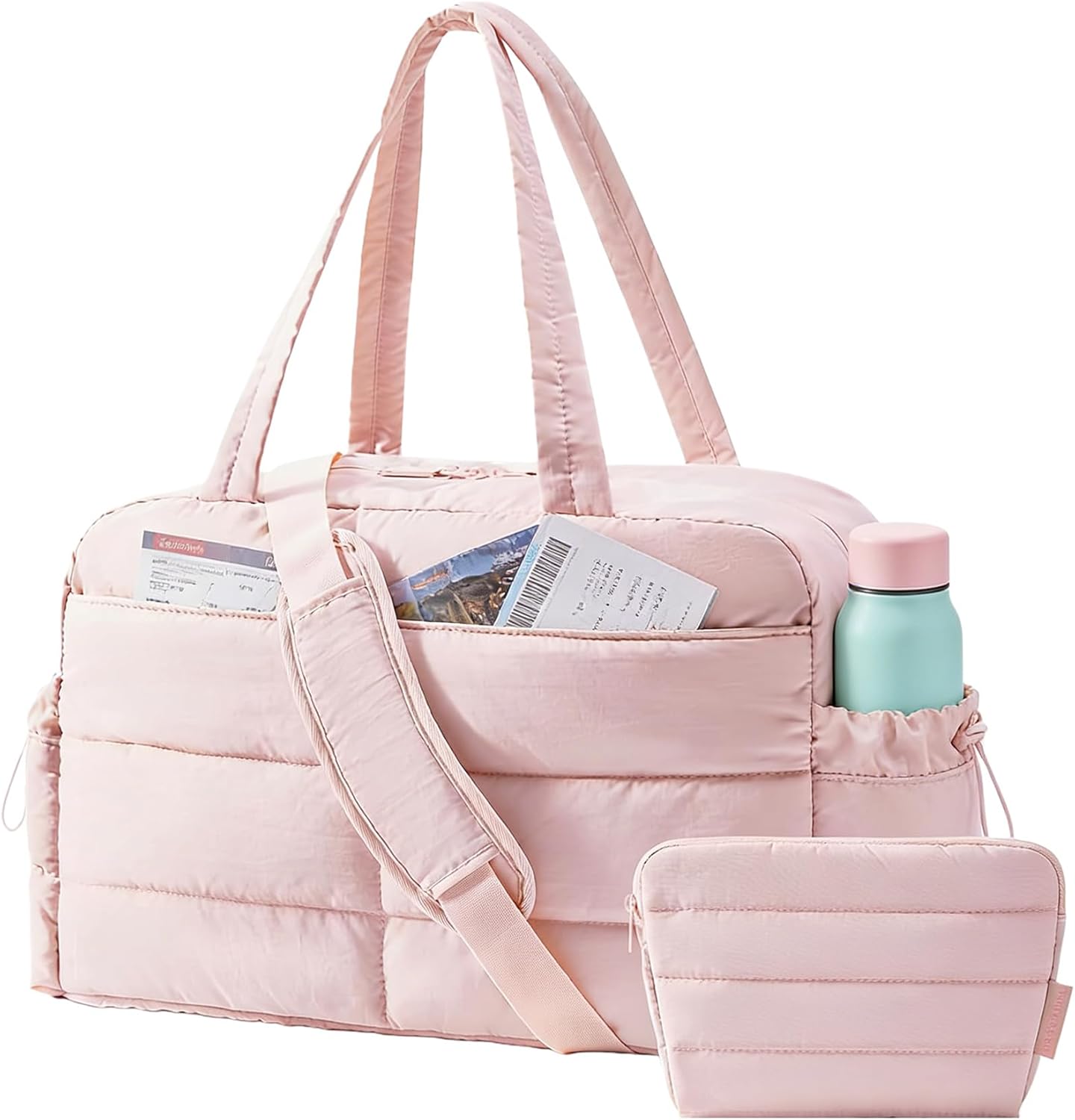 BAGSMART Lightweight Puffer Gym Bag - 31L Quilted Duffle & Tote for Travel, Water Resistant, Pink