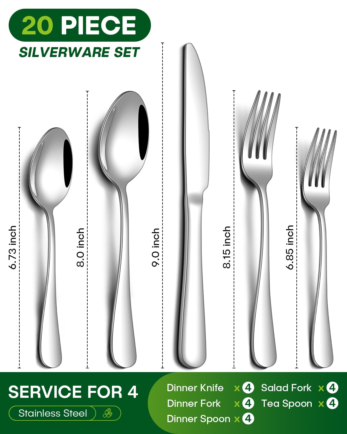 PHILIPALA 20 Piece Silverware Set, Stainless Steel Flatware Set for 4 Food Grade Novelty Flatware Cutlery Utensil Set Include Knife Fork Spoon Mirror Polished Dishwasher Safe