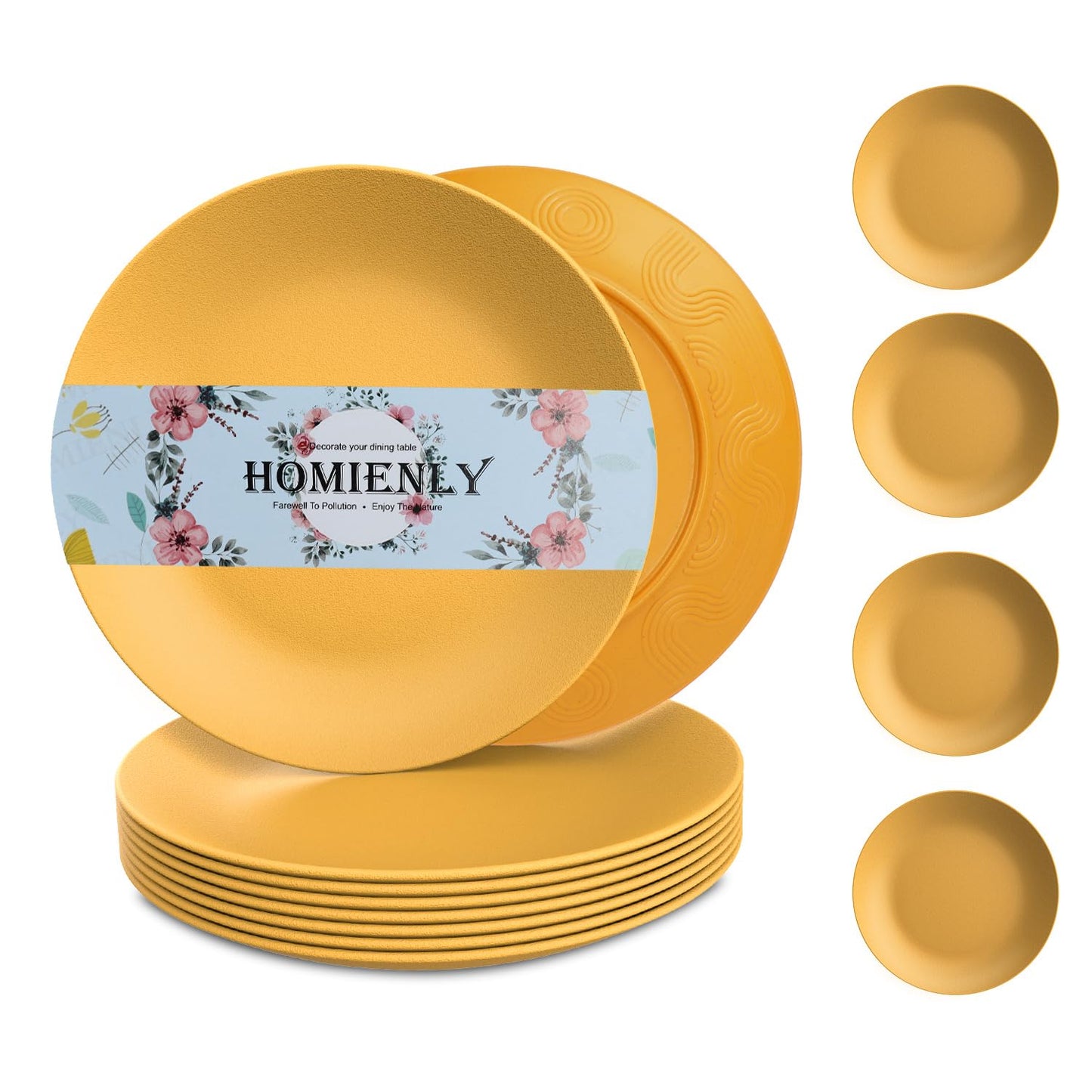 Homienly Flat Dinner Plates Set - 8 Microwave & Dishwasher Safe Wheat Straw Plates, Unbreakable, 9 inch Yellow