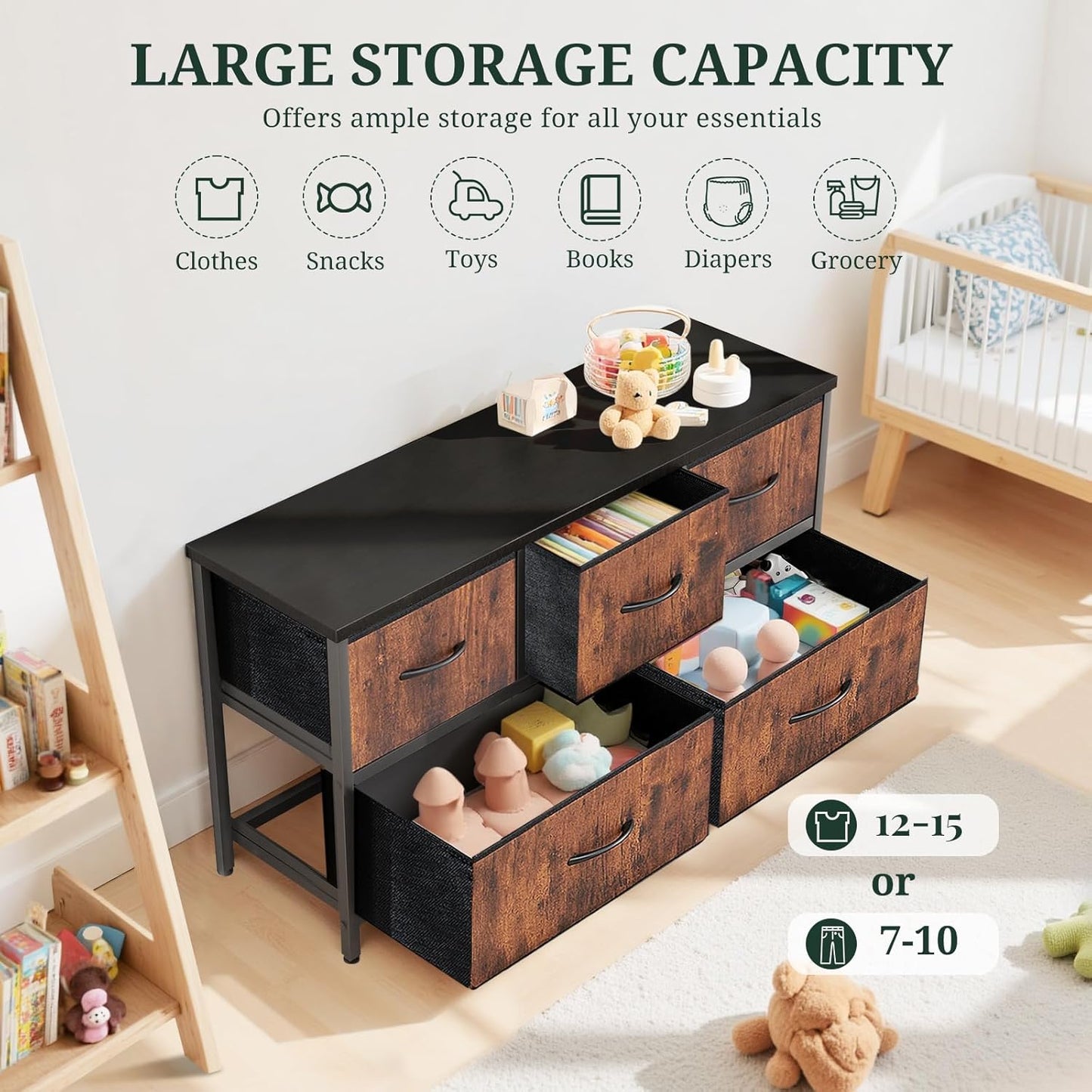 Regine Switzerland 5-Drawer Dresser - Anti-Tip Fabric Storage Organizer with Wooden Top | Brown Finish for Bedroom & Living Room
