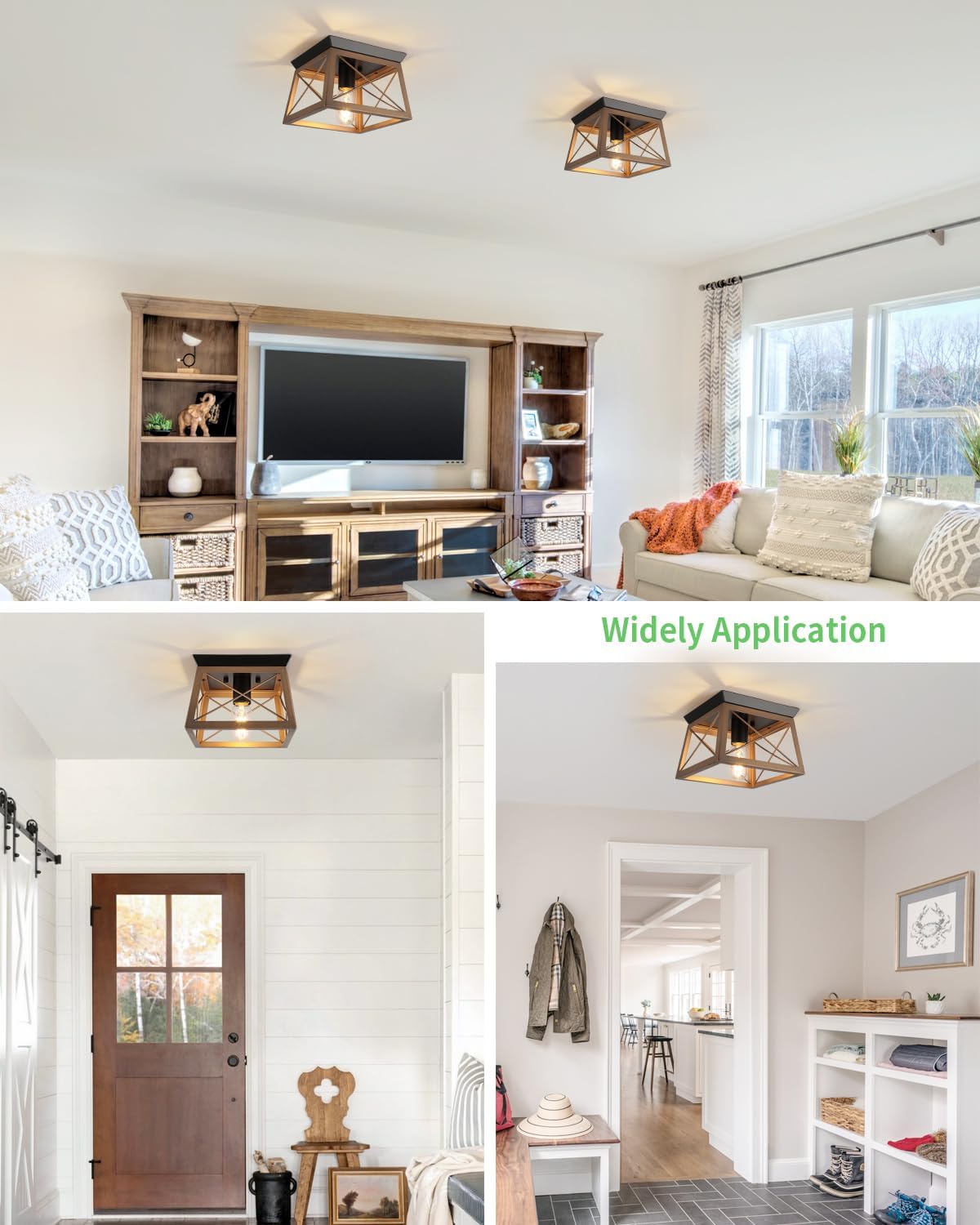 Farmhouse Flush Mount Ceiling Light Oak White Ceiling Light Fixtures 2-Light Industrial Vintage Metal-Framed Ceiling Lighting for Hallway Foyer Kitchen Dining Room Bedroom Living Room Laundry