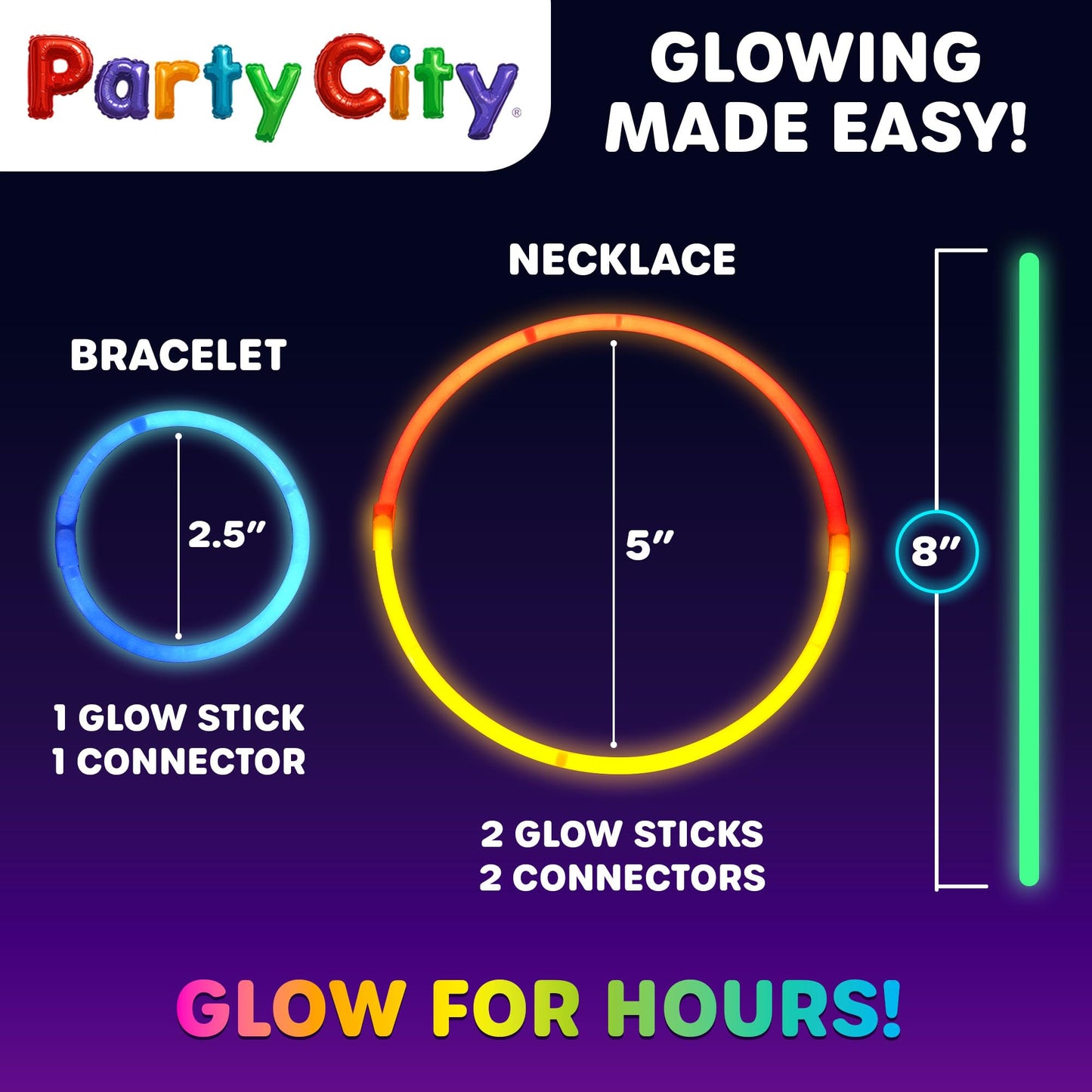 Party City 100 Glow Sticks Bulk Party Pack 8”– Neon Glow in the Dark Party Supplies, Glowsticks with Connectors Bracelets & Necklaces, Light Up Favors for Kids, Adults, Birthdays, Parties, Decorations