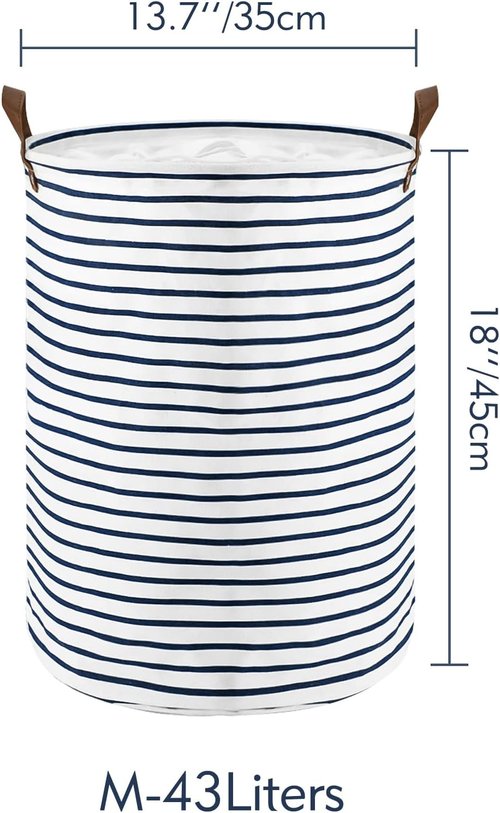 DOKEHOM 18-Inch Freestanding Laundry Basket - Collapsible Drawstring Hamper with Lid & Leather Handle | Blue Stripe