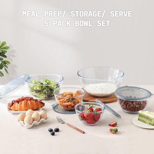 Cuiselect Glass Mixing Bowls Set - 5-Piece Nesting Bowls with Lids | Dishwasher & Microwave Safe, Various Sizes