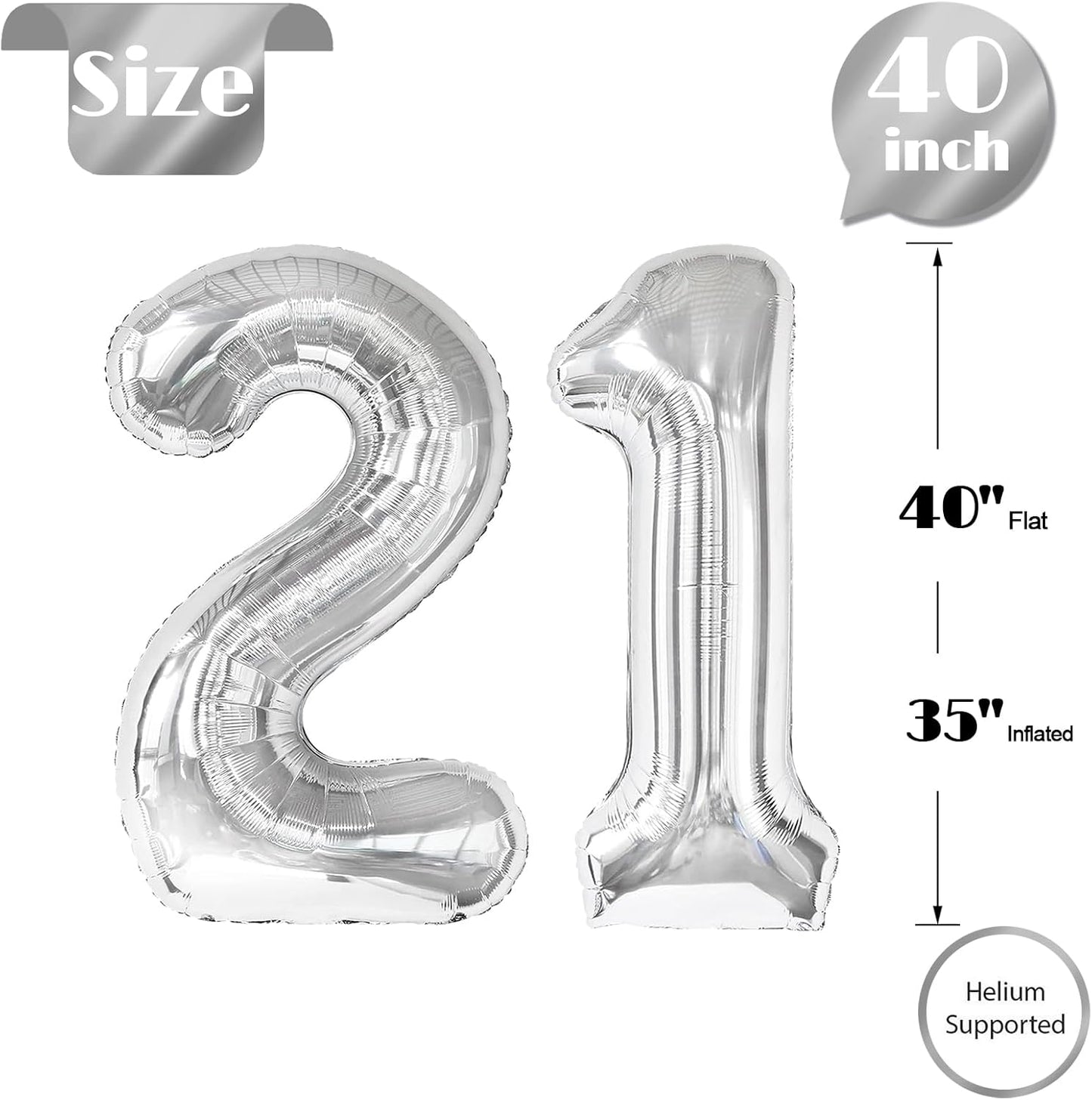 Silver Number 21 Balloon - 40 Inch 21st Birthday Decoration for Kids & Adults | Perfect Party Supplies