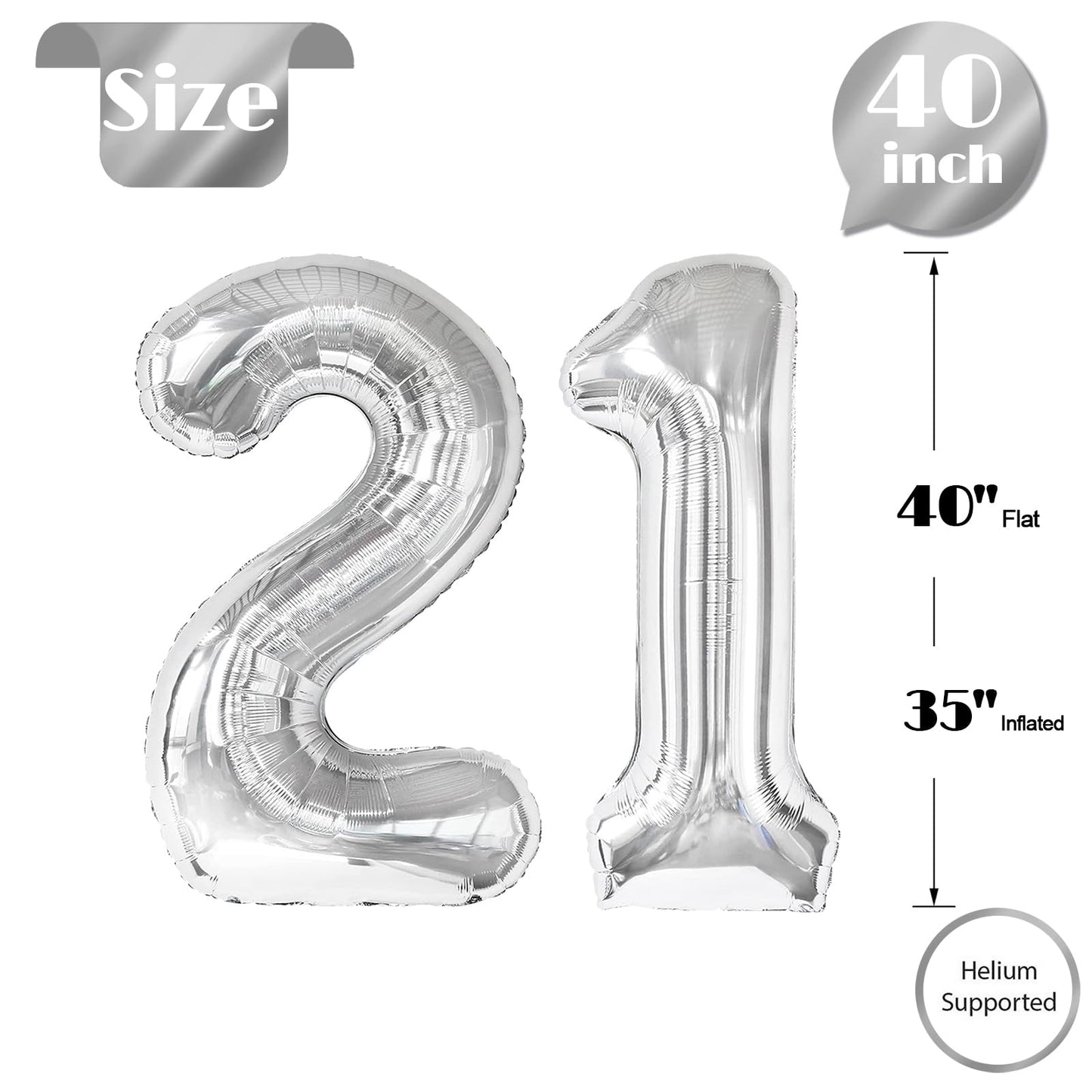 21 Balloon Number, Silver Number 21st Birthday Balloons 40 Inch, 21 or 12 Years Old Silver Birthday Decorations for Men Women Him Her, 21st Anniversary Decorations