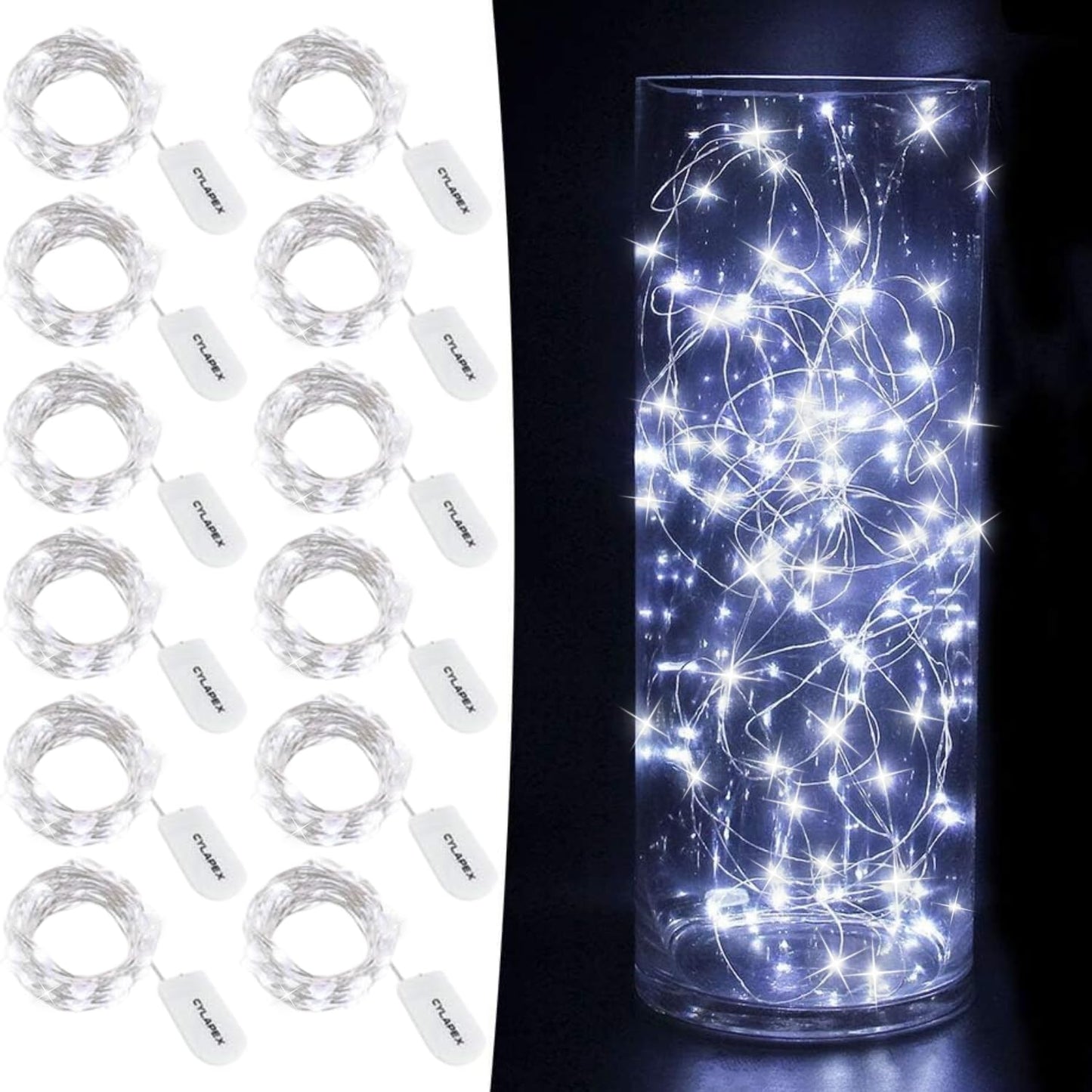 CYLAPEX 12 PCS Fairy Lights Cool White 3.3FT Silvery Copper Wire 20 LED String Lights Battery Powered, Starry String Lights Battery Operated Firefly Lights for Costume DIY Wedding Home Party Christmas