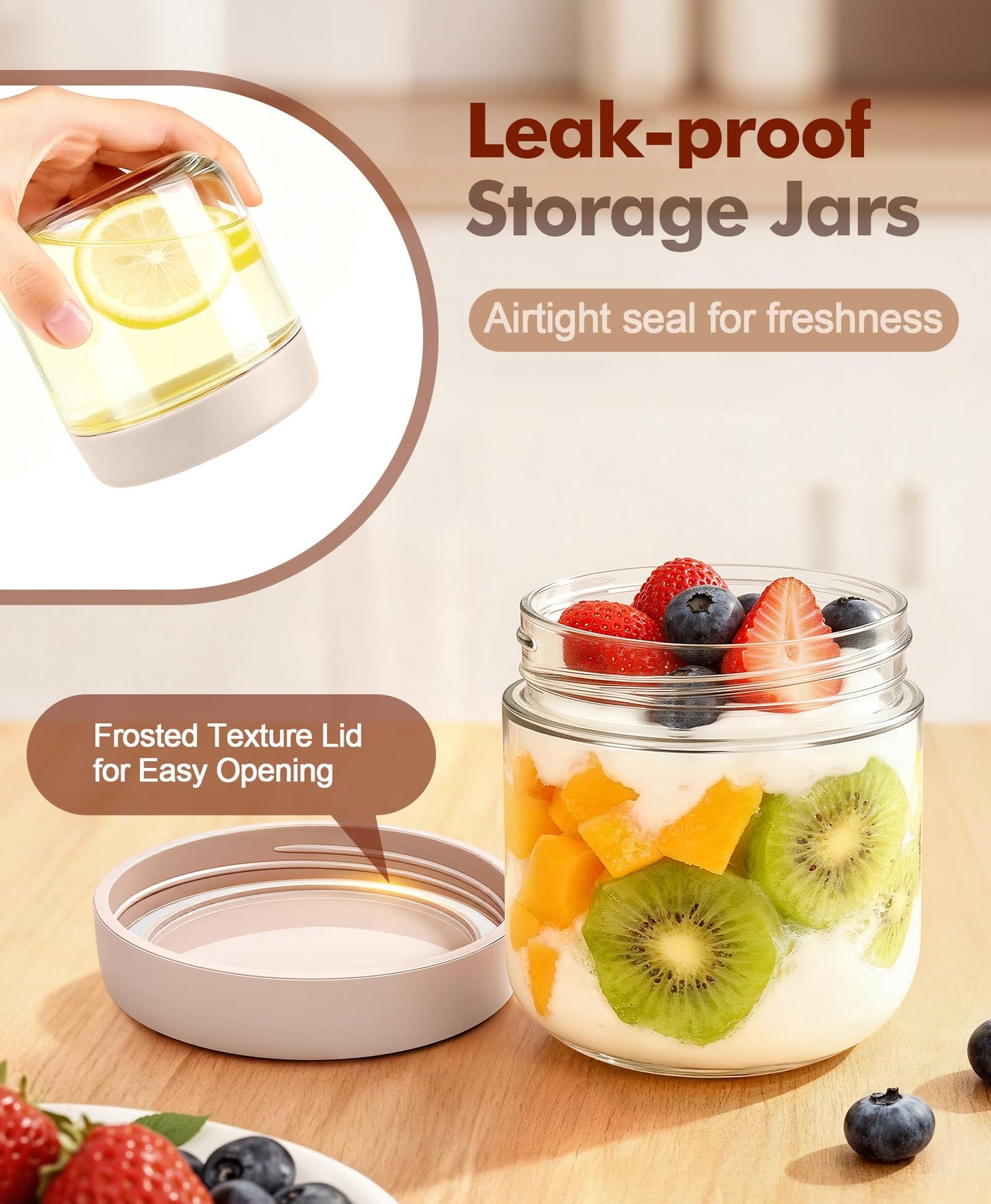 6 pack 10 oz Overnight Oats Containers with Lids and Spoons Glass Jars with Airtight Lids: Wide Mouth Mason Salad Jars, Leakproof and Reusable Glass Food Storage Container for Yogurt Snacks Spice