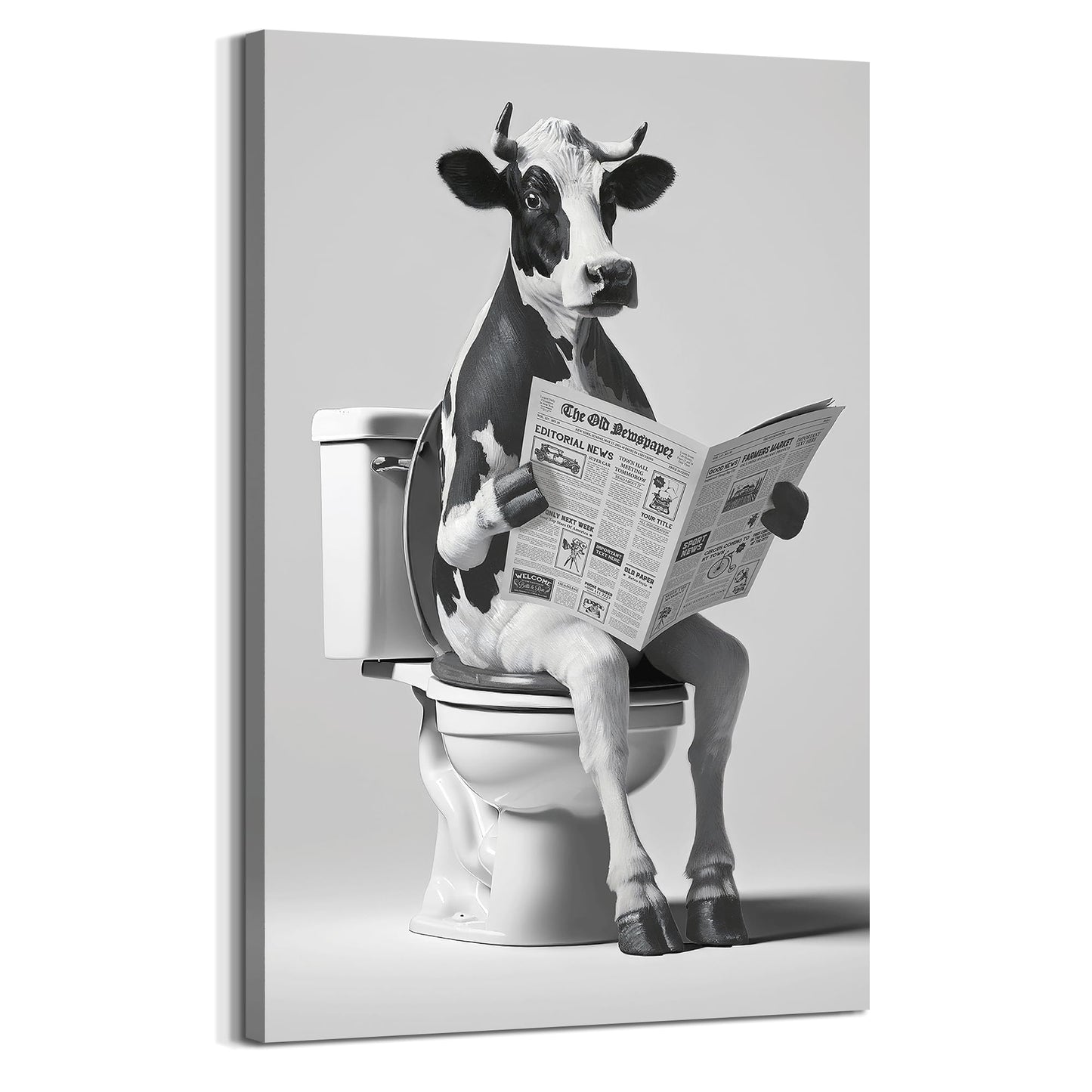 Animal Bathroom Wall Art Decor: Funny Cow Canvas Picture Black and White Bathroom Print Artwork Fun Animal on Toilet Painting for Home Restroom Farmhouse
