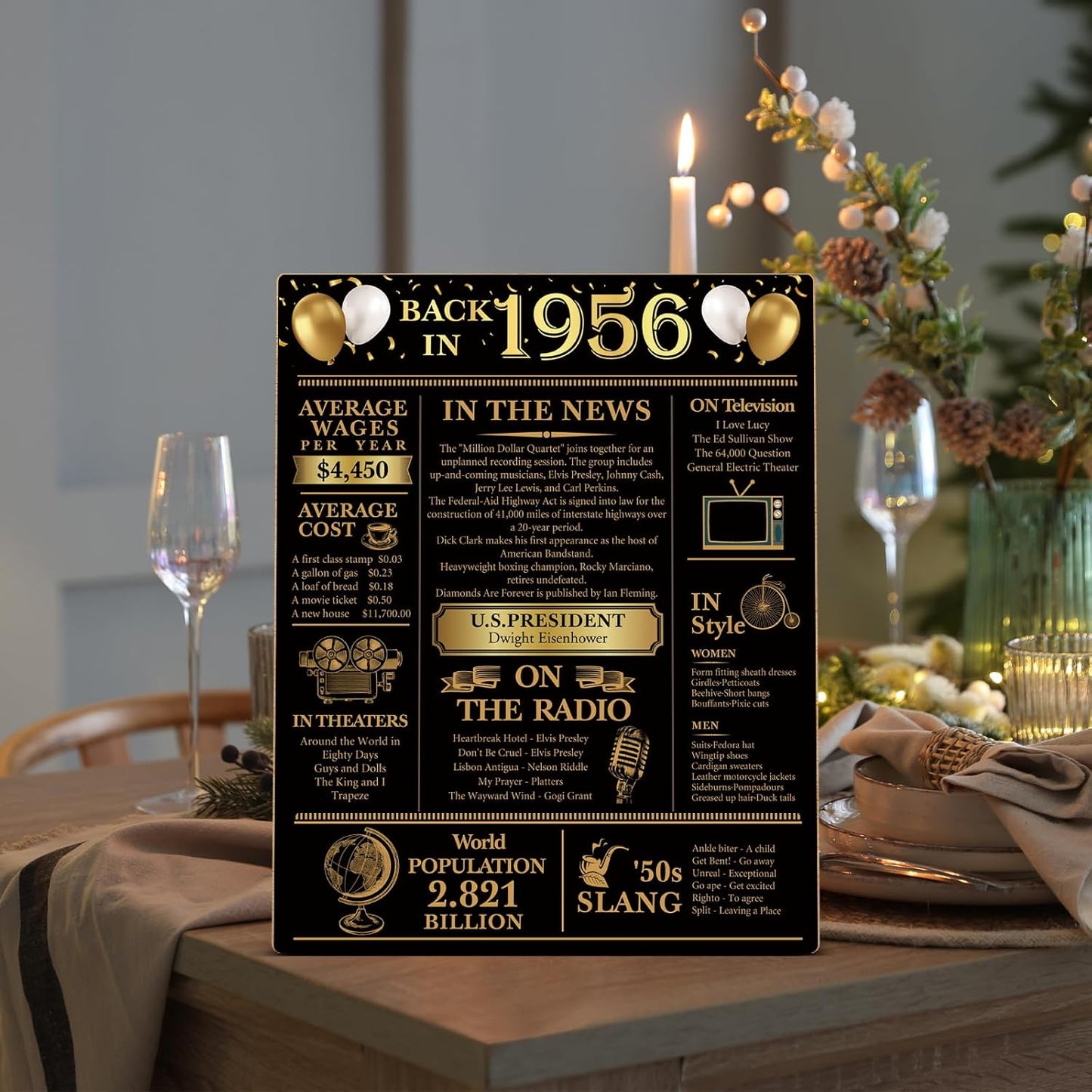 Back in 1956 - 70th Birthday Party Decorations | Black and Gold Wooden Sign & Table Favors