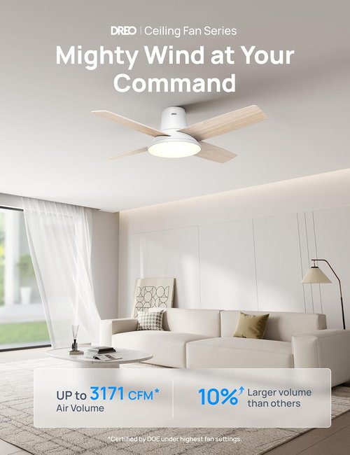 DREO Smart Ceiling Fan with Lights - 12 Speeds, Quiet DC Motor, Dimmable LED, 44" White Flush Mount